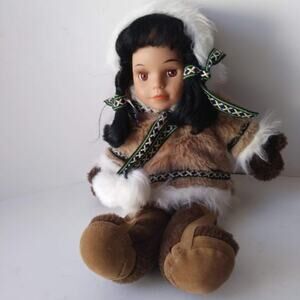 Vintage Arctic Circle Alaskan Soft Doll Eskimo Plush Blac Hair Brown Eyes